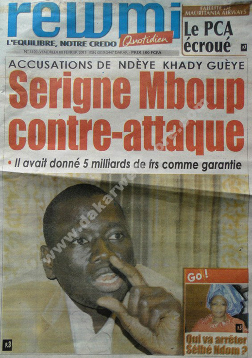 A la Une du Journal Rewmi du vendredi 08 février 2013