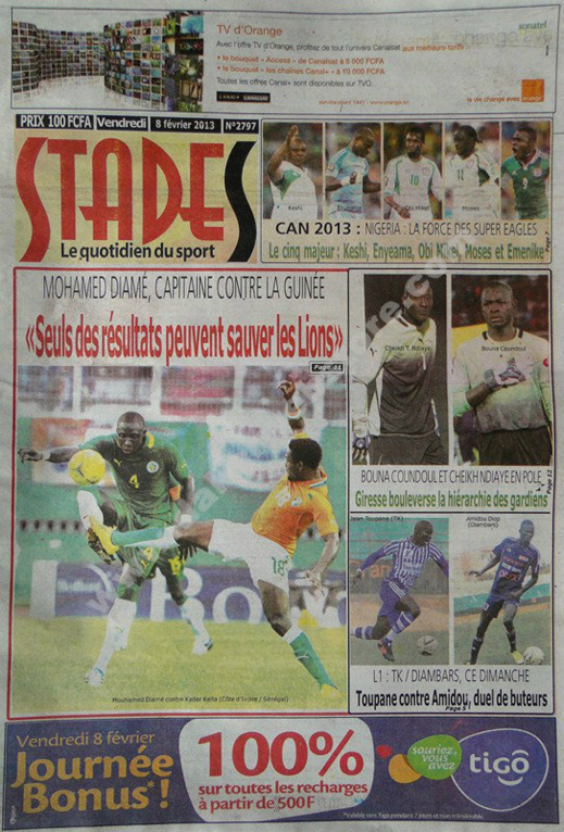 A la Une du Journal Stades du vendredi 08 février 2013