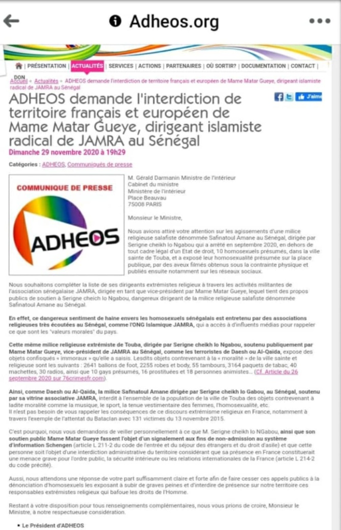 FRANCE/SIGNALEMENT AU MINISTRE DE L'INTÉRIEUR  : Les lobbies lgbt ciblent Serigne Modou Lô Ngabou et Mame Mactar Guèye