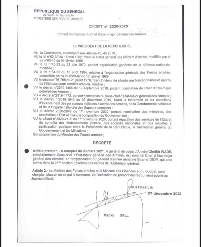 Chef d’Etat-Major Général des Armées: Macky remplacera Birame Diop par Cheikh Wade à partir du 30 mars 2021