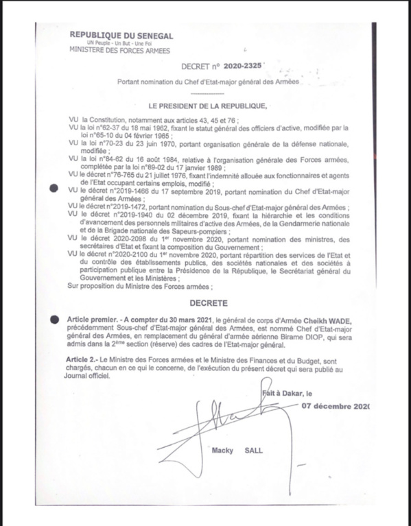 Dernière minute: Le Général Cheikh Wade nommé Chef d’état major général des Armées (DÉCRET) Dernière minute: Le Général Cheikh Wade nommé Chef d’état major général des Armées (DÉCRET)