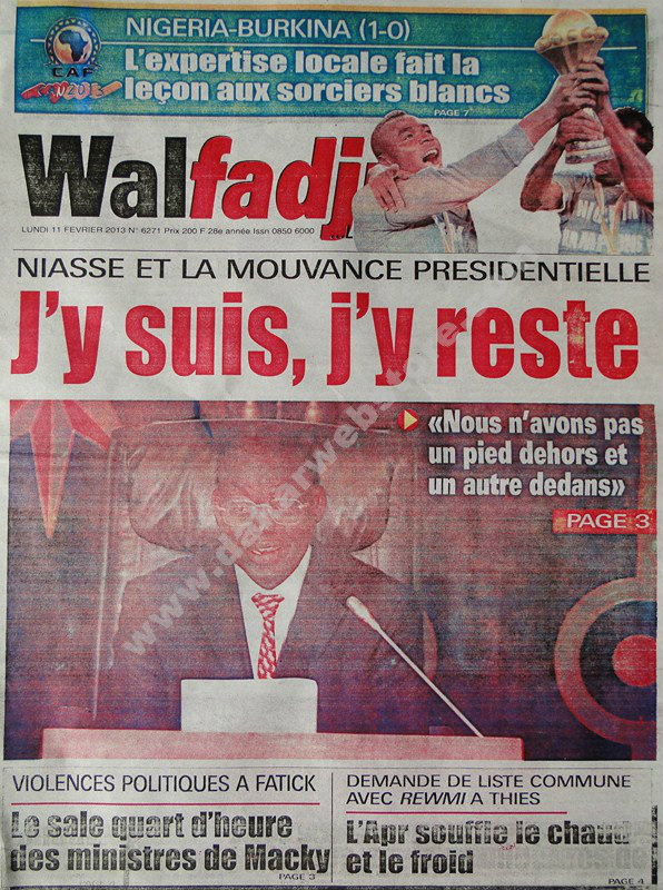 A la Une du Journal Walfadjri du lundi 11 février 2013