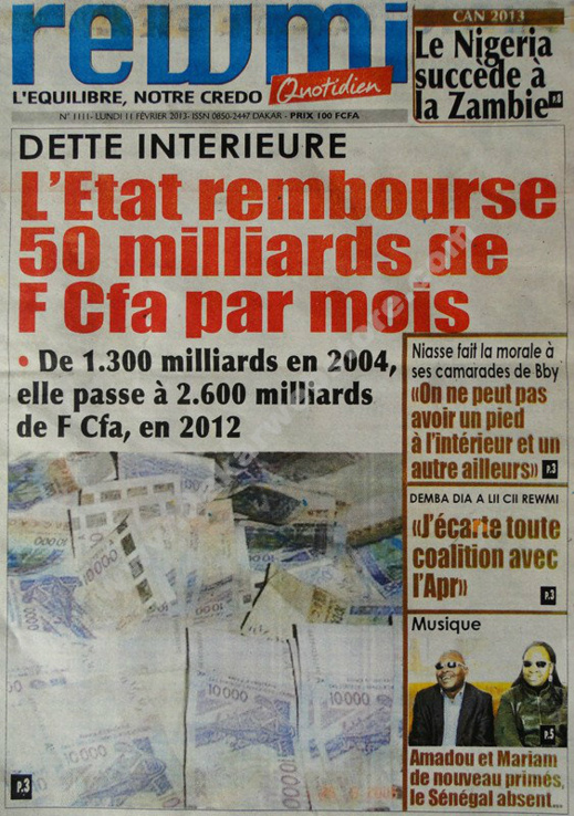 A la Une du Journal Rewmi du lundi 11 février 2013