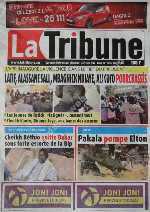 A la Une du Journal La Tribune du lundi 11 février 2013