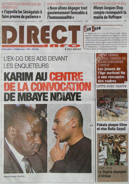 A la Une du Journal Direct Info du lundi 11 février 2013