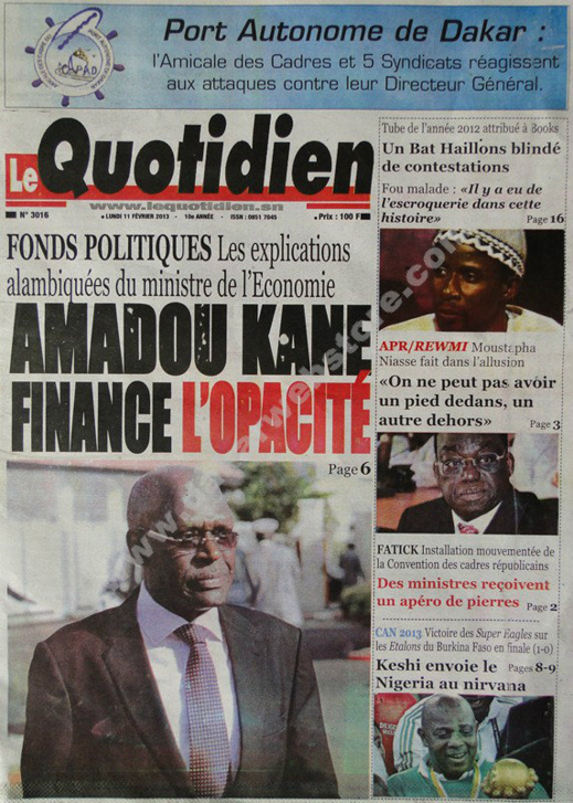 A la Une du Journal Le Quotidien du lundi 11 février 2013