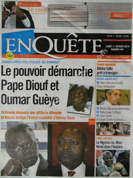 A la Une du Journal EnQuête du lundi 11 février 2013