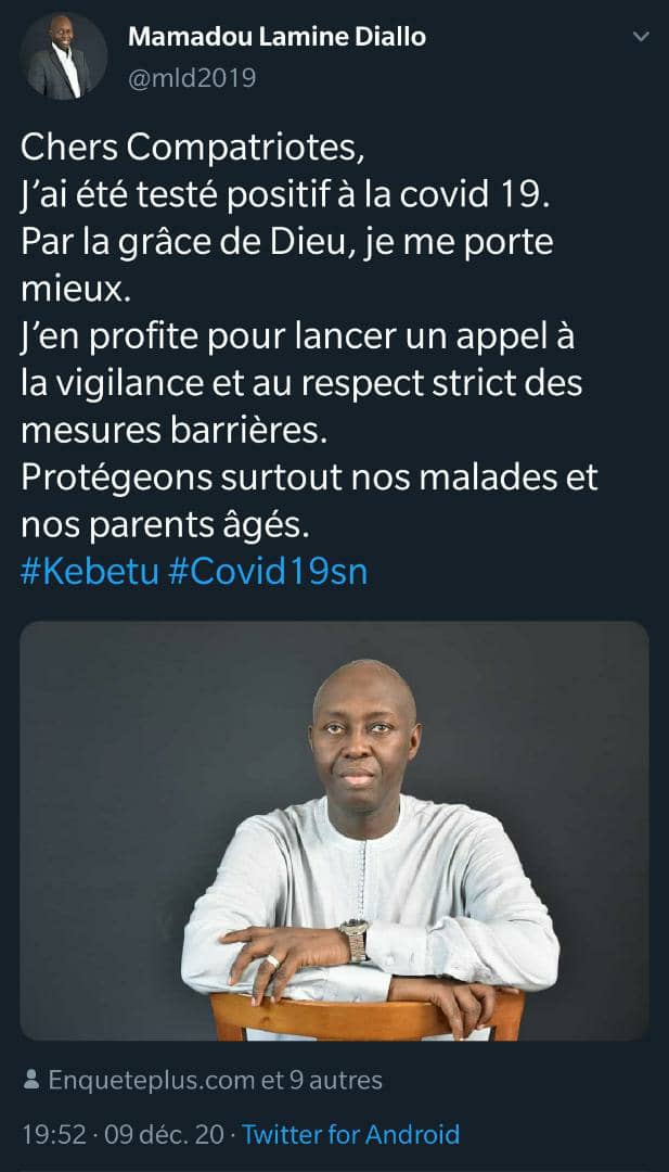 Covid-19: Mamadou Lamine Diallo, membre de l'opposition, testé positif
