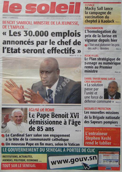 A la Une du Journal Le Soleil du mardi 12 février 2013