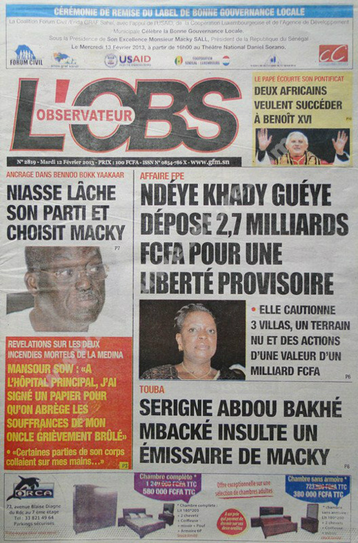 A la Une du Journal L'Observateur du mardi 12 février 2013
