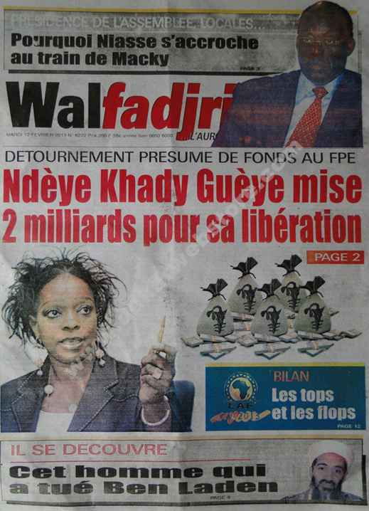 A la Une du Journal Walfadjri du mardi 12 février 2013