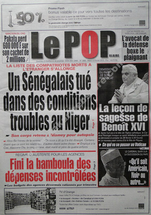 A la Une du Journal Le Populaire du mardi 12 février 2013