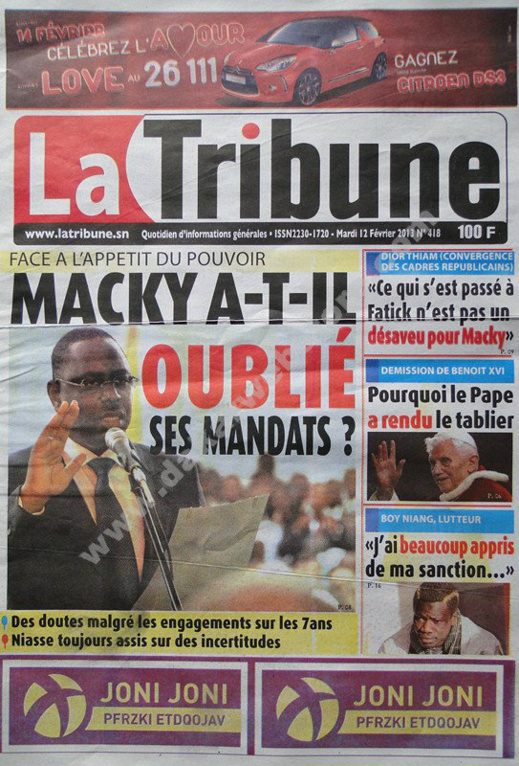 A la Une du Journal La Tribune du mardi 12 février 2013