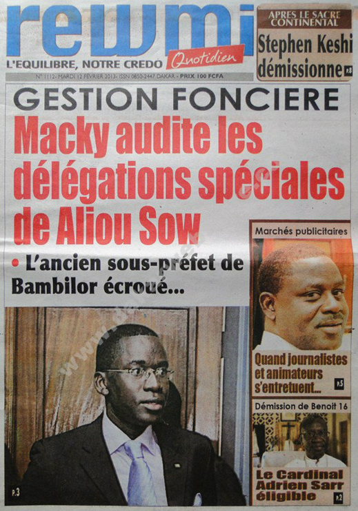 A la Une du Journal Rewmi du mardi 12 février 2013