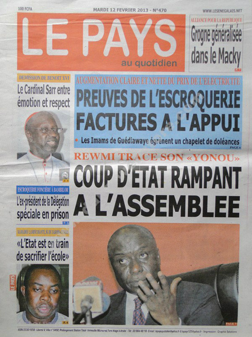 A la Une du Journal Le Pays du mardi 12 février 2013