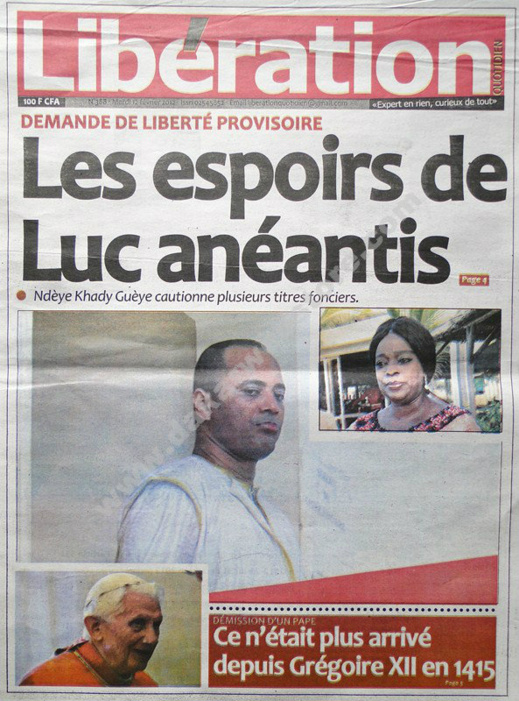 A la Une du Journal Libération du mardi 12 février 2013