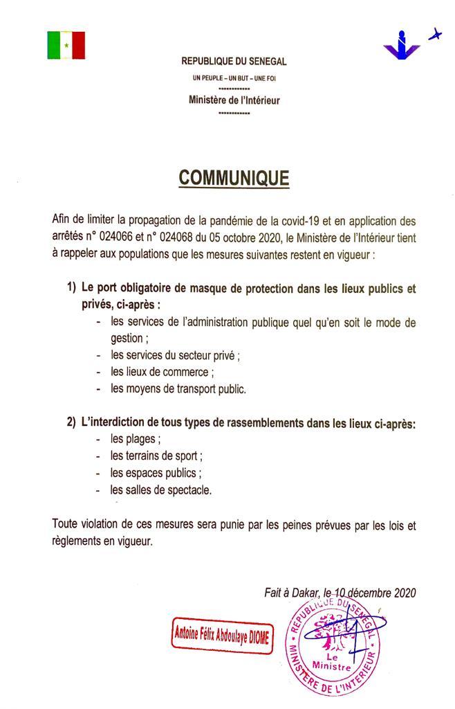 Ministre de l'Intérieur, Antoine Félix Diome: "Le port de masque de protection obligatoire dans les lieux publics et privés