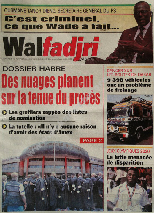 A la Une du Journal Walfadjri du mercredi 13 février 2013
