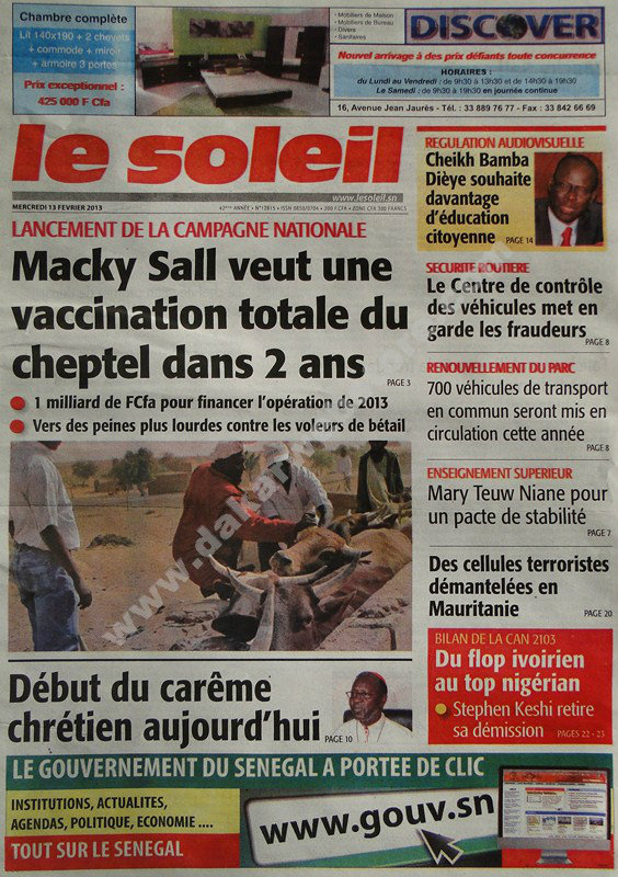 A la Une du Journal Le Soleil du mercredi 12 février 2013