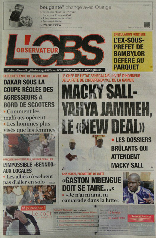 A la Une du Journal L'Observateur du mercredi 13 février 2013
