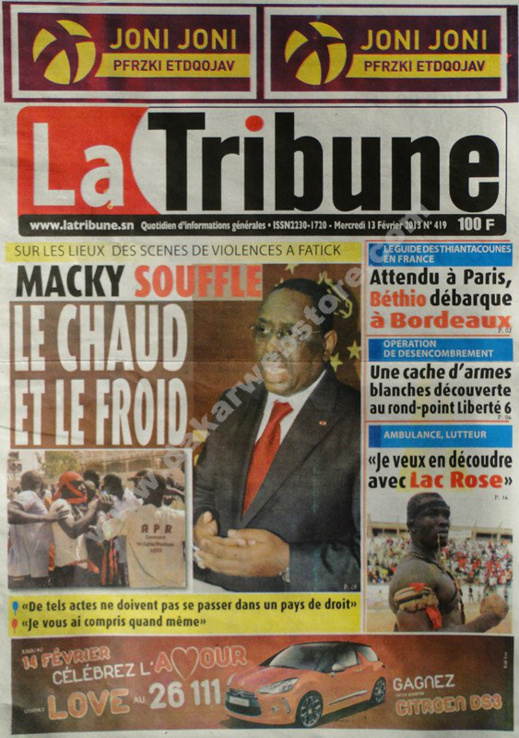 A la Une du Journal La Tribune du mercredi 13 février 2013