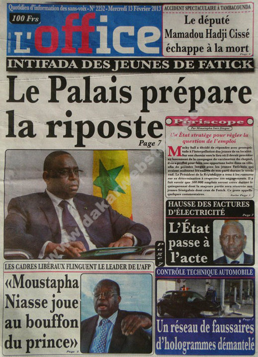 A la Une du Journal L'Office du mercredi 13 février 2013