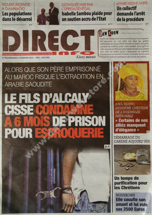 A la Une du Journal Direct info du mercredi 13 février 2013