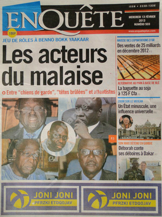 A la Une du Journal L’EnQuête du mercredi 13 février 2013
