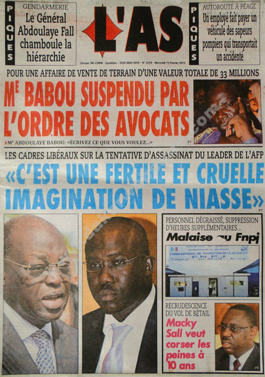 A la Une du Journal L'As du mercredi 13 février 2013