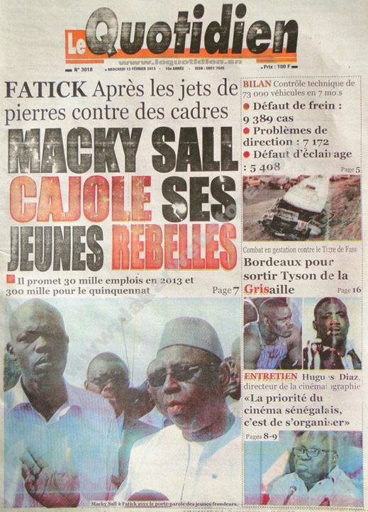 A la Une du Journal Le Quotidien du mercredi 13 février 2013