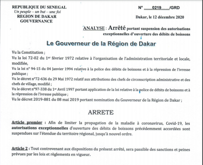 Suspension des autorisations exceptionnelles d'ouverture des débits de boissons: Le Gouverneur de Dakar sort un arrêté