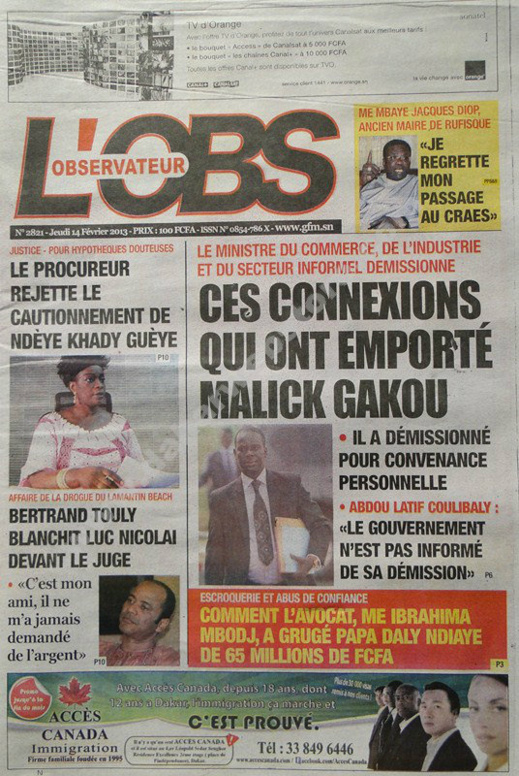A la Une du Journal L'Observateur du jeudi 14 février 2013