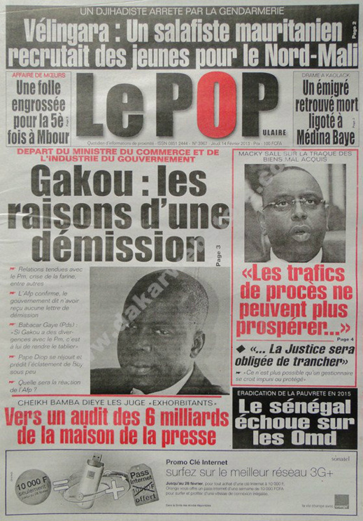 A la Une du Journal Le Populaire du jeudi 14 février 2013