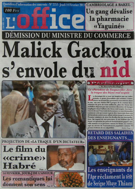 A la Une du Journal L'Office du jeudi 14 février 2013