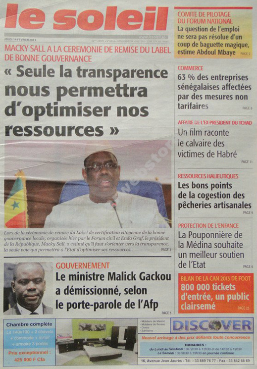 A la Une du Journal Le Soleil du jeudi 14 février 2013
