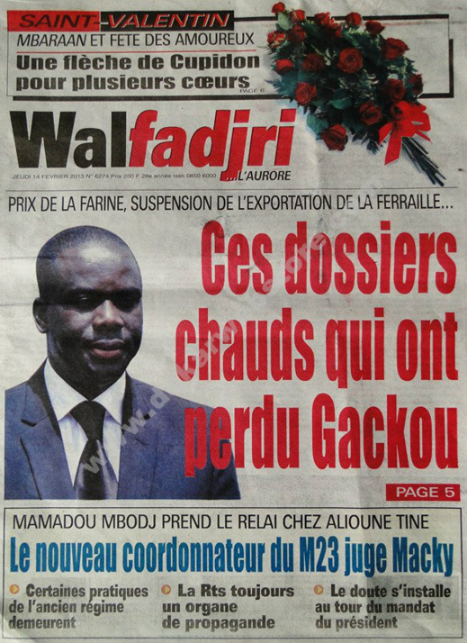 A la Une du Journal Walfadjri du jeudi 14 février 2013
