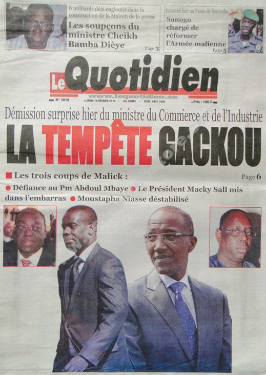 A la Une du Journal Le Quotidien du jeudi 14 février 2013