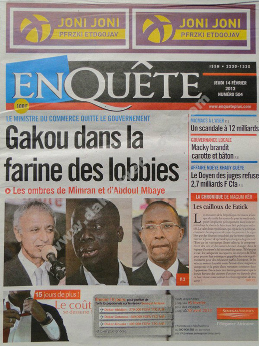 A la Une du Journal EnQuête du jeudi 14 février 2013