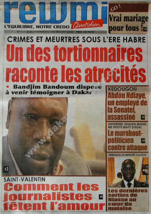 A la Une du Journal Rewmi du jeudi 14 février 2013