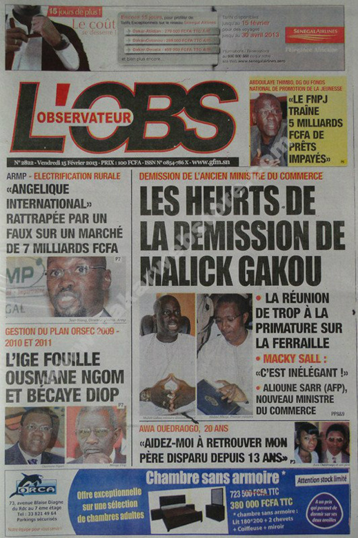 A la Une du Journal L'observateur du vendredi 15 février 2013