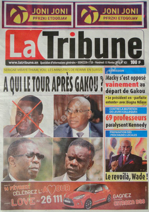 A la Une du Journal La Tribune du vendredi 15 février 2013