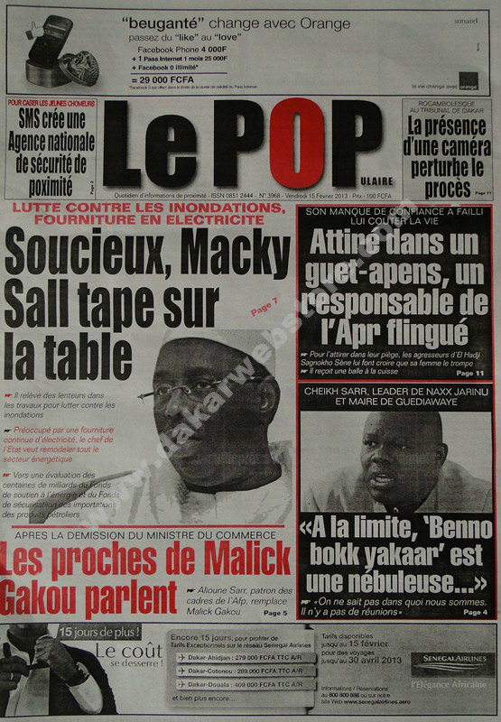 A la Une du Journal Le Populaire du vendredi 15 février 2013