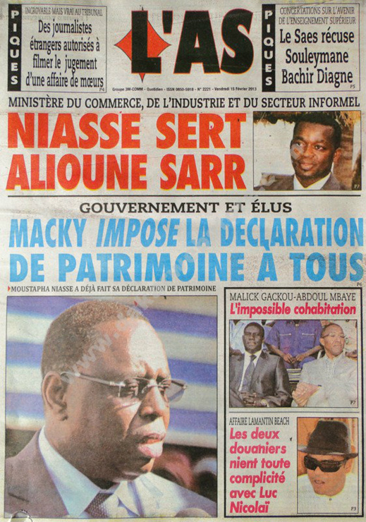 A la Une du Journal L'As du vendredi 15 février 2013