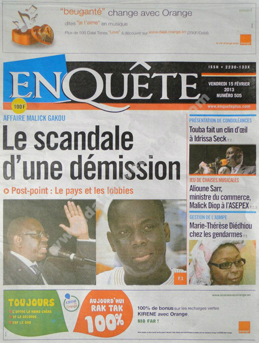 A la Une du Journal EnQuête du vendredi 15 février 2013