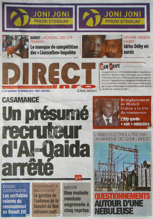 A la Une du Journal Direct Info du vendredi 15 février 2013
