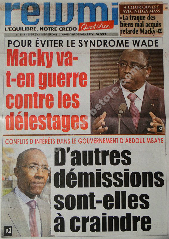 A la Une du Journal Rewmi du vendredi 15 février 2013