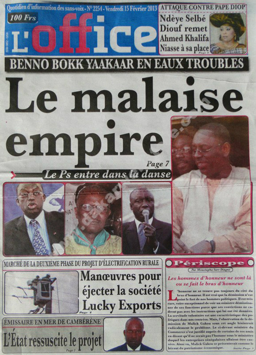 A la Une du Journal L'Office du vendredi 15 février 2013