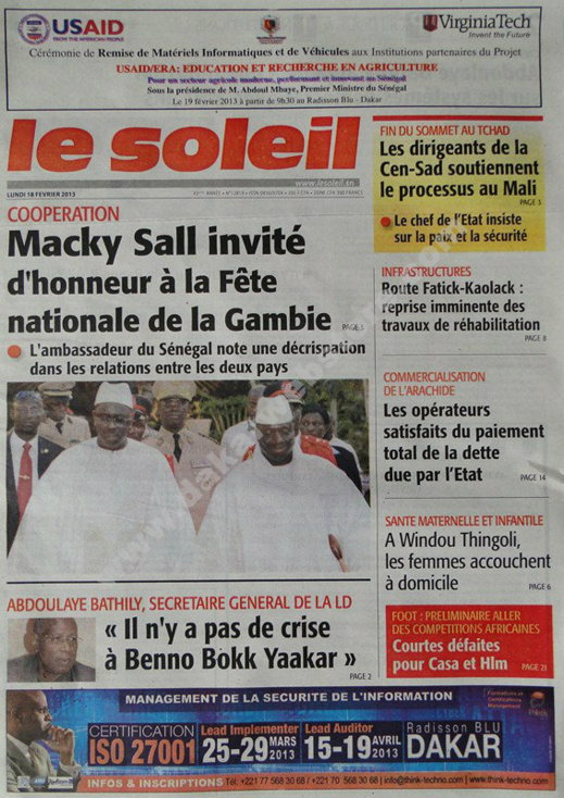 A la Une du Journal Le Soleil du lundi 18 février 2013