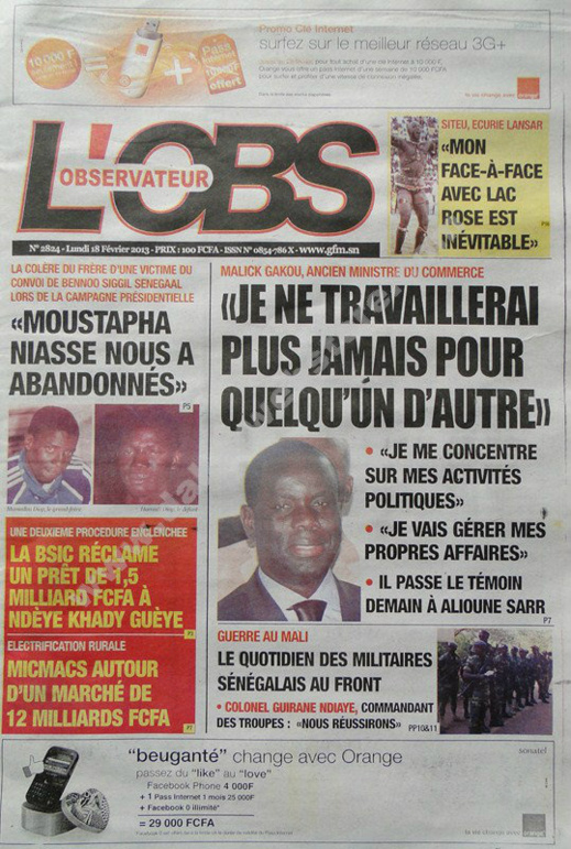 A la Une du Journal L'Observateur du lundi 18 février 2013