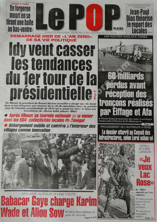 A la Une du Journal Le Populaire du lundi 18 février 2013